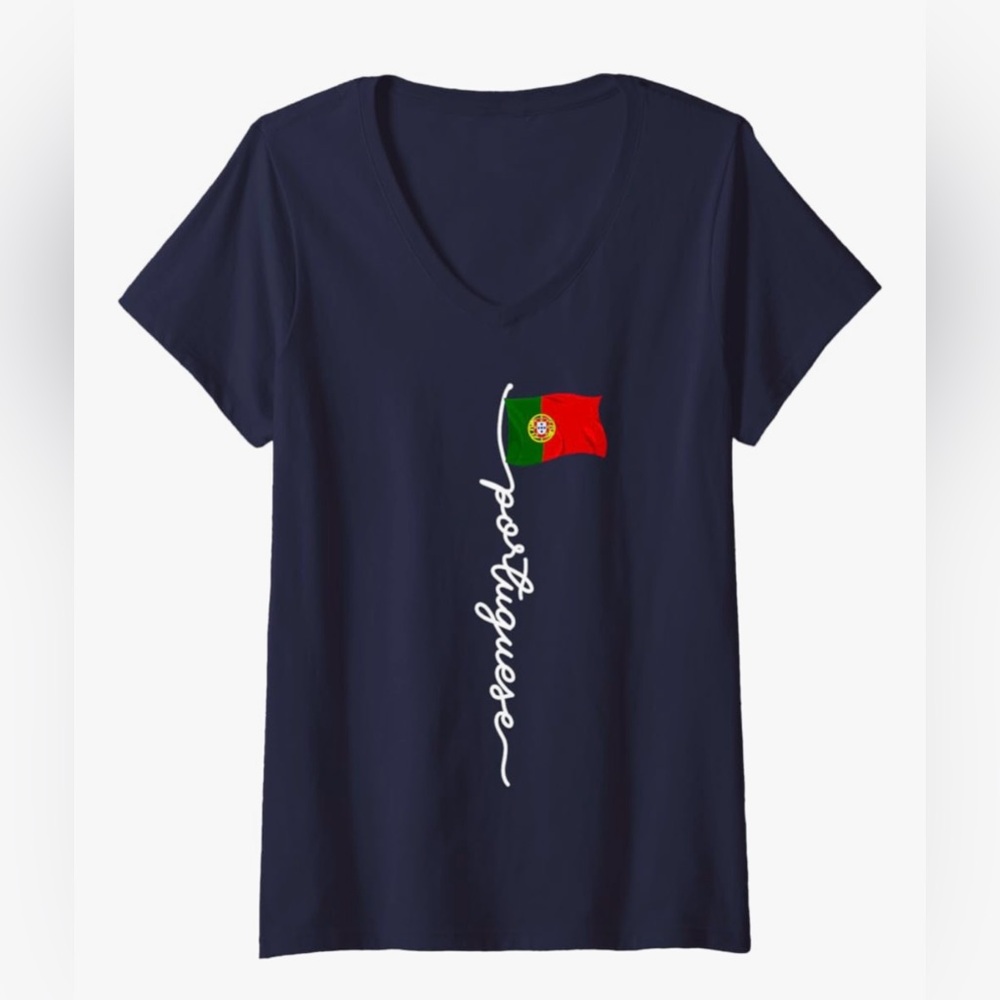 Large Women’s Navy T-Shirt Portugal Signature Portuguese V-Neck Flag Design